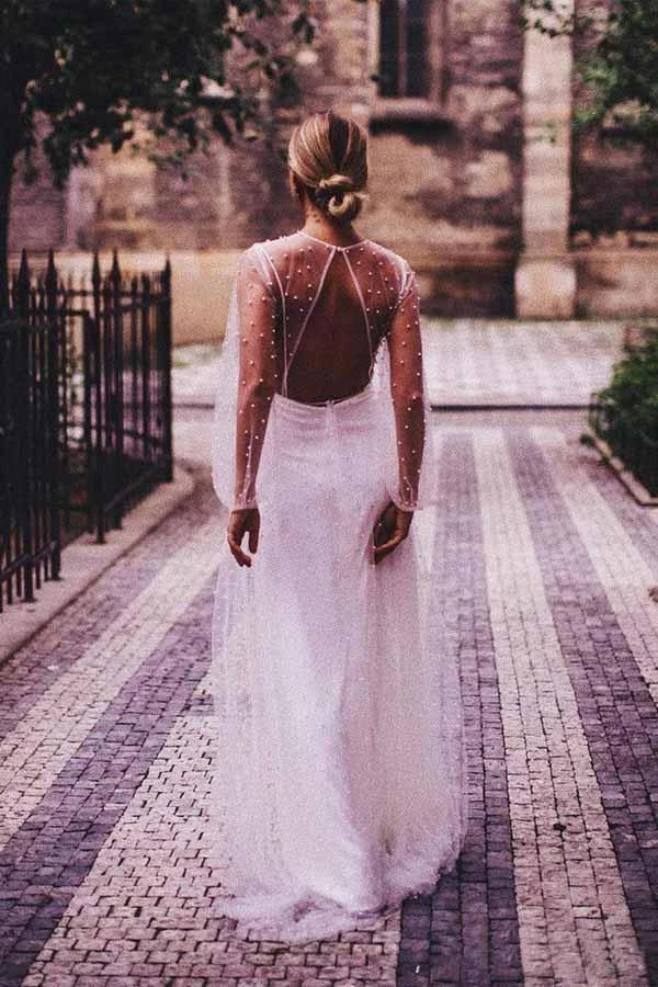 A-line See Through Tulle Long Sleeve Wedding Dresses Pearl WD336 by pgmdress