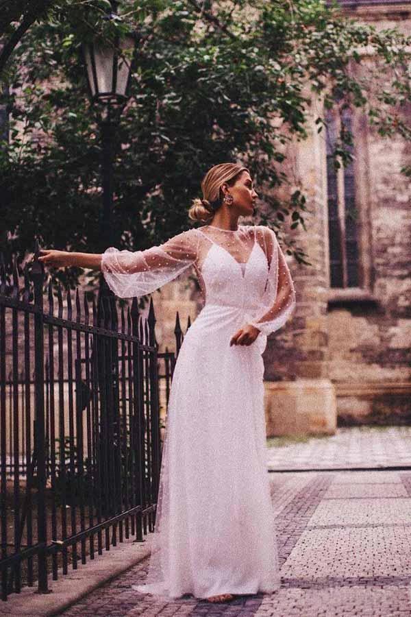 A-line See Through Tulle Long Sleeve Wedding Dresses Pearl WD336 by pgmdress