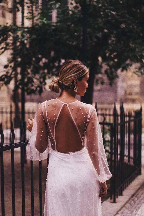 A-line See Through Tulle Long Sleeve Wedding Dresses Pearl WD336 by pgmdress