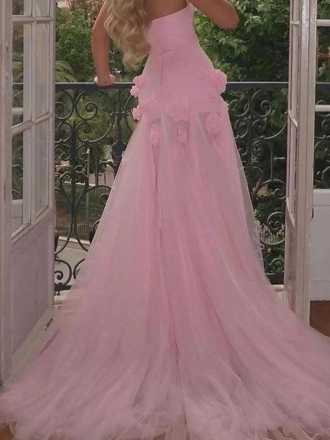 A line Sexy Sweetheart Sleeveless Pink Slit Flowers Prom Dress by KissProm