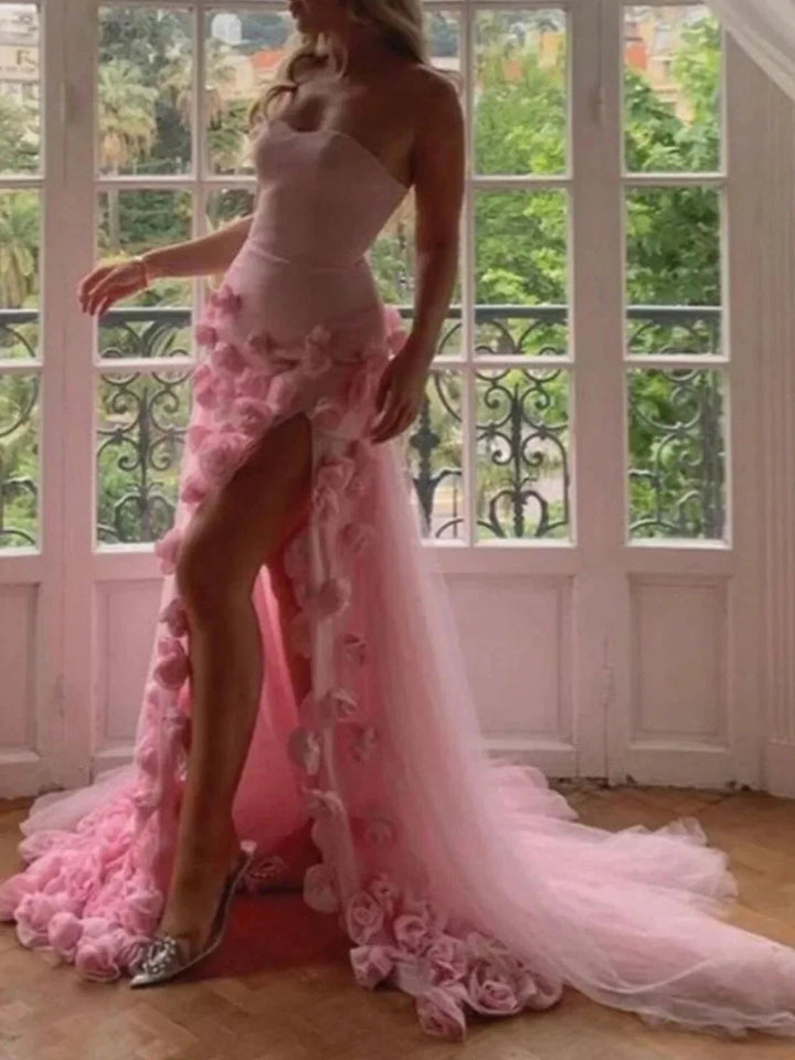 A line Sexy Sweetheart Sleeveless Pink Slit Flowers Prom Dress by KissProm