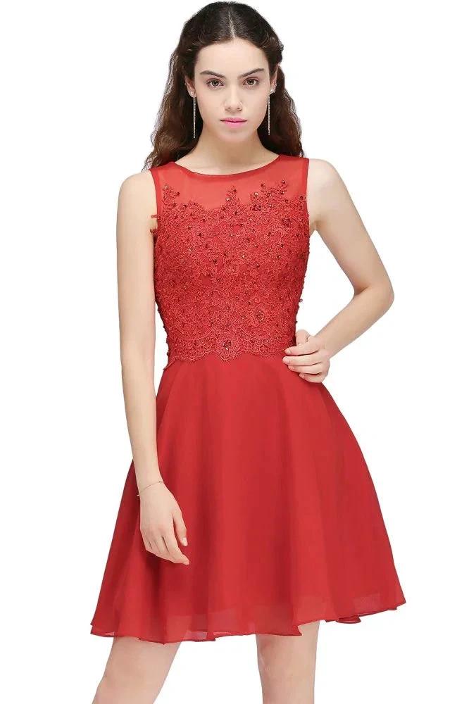 A-line Short Chiffon Red Homecoming Dresses with Lace Appliques by misshow.com