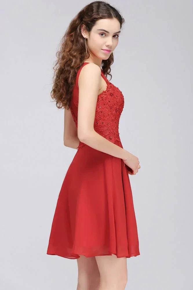 A-line Short Chiffon Red Homecoming Dresses with Lace Appliques by misshow.com