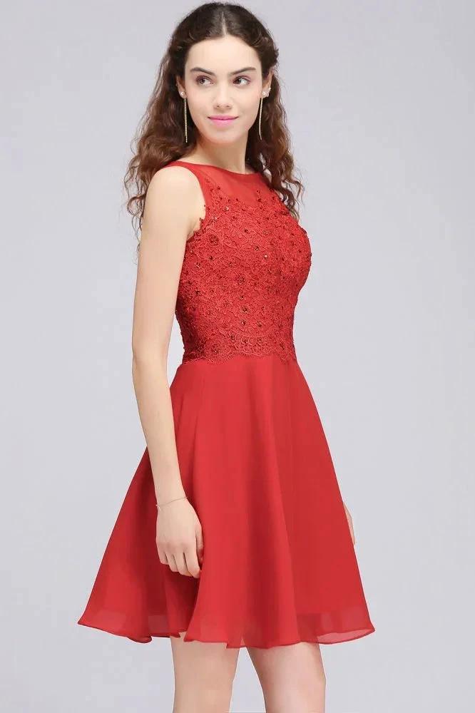 A-line Short Chiffon Red Homecoming Dresses with Lace Appliques by misshow.com