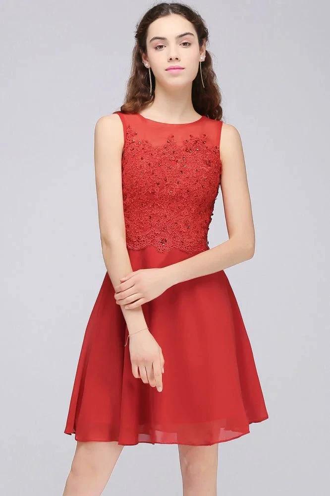 A-line Short Chiffon Red Homecoming Dresses with Lace Appliques by misshow.com