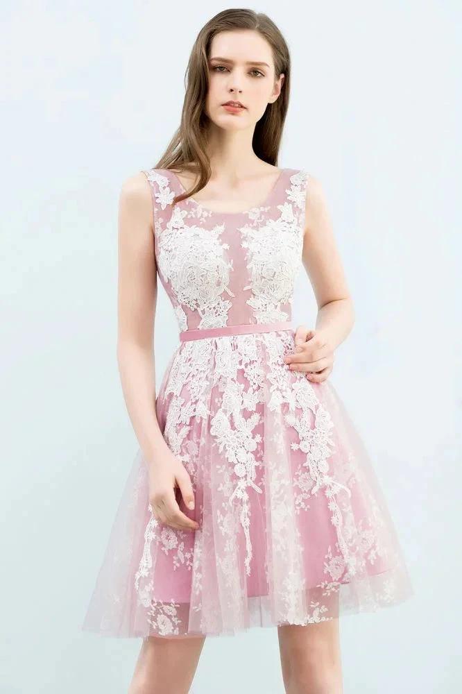 A-line Short Crew Sleeveless Lace Appliques Tulle Prom Dresses by misshow.com