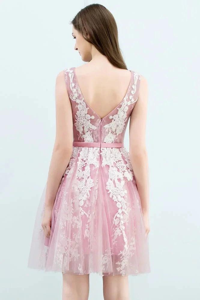 A-line Short Crew Sleeveless Lace Appliques Tulle Prom Dresses by misshow.com