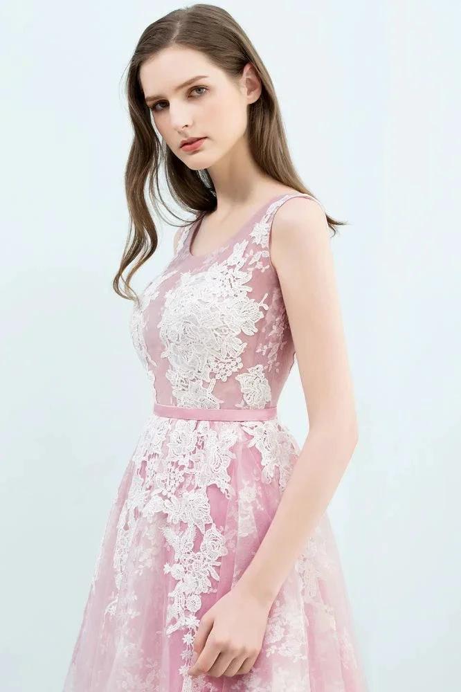 A-line Short Crew Sleeveless Lace Appliques Tulle Prom Dresses by misshow.com