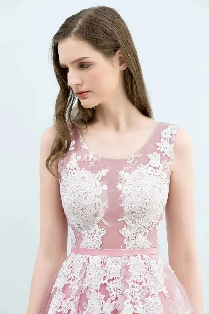 A-line Short Crew Sleeveless Lace Appliques Tulle Prom Dresses by misshow.com