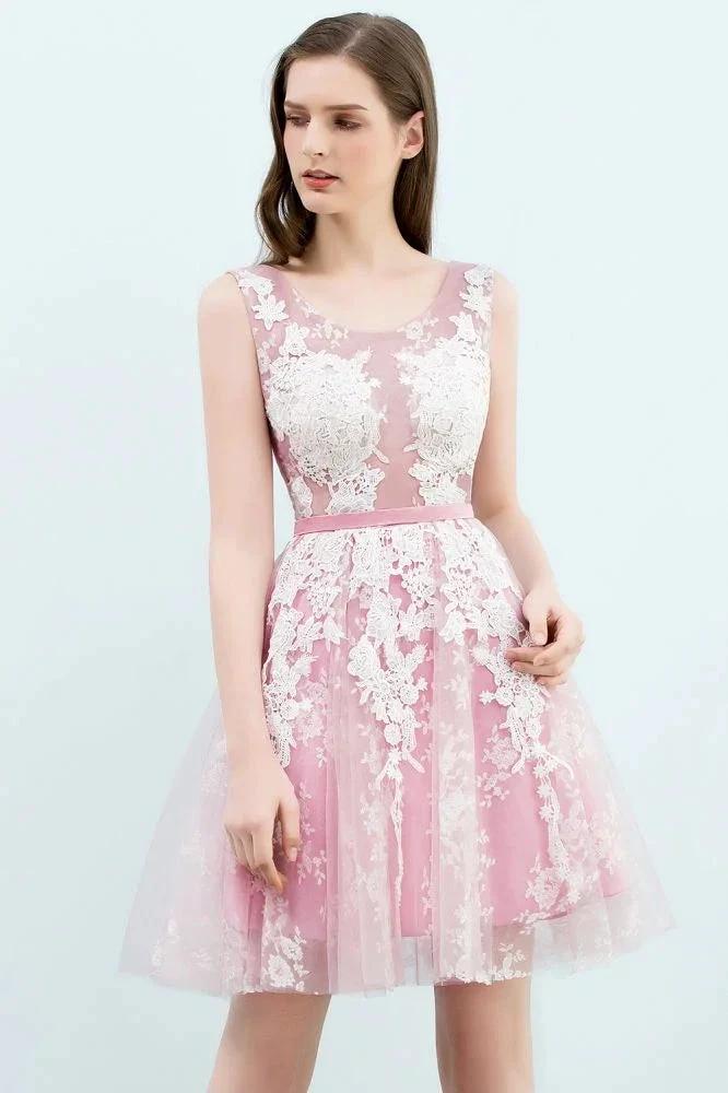 A-line Short Crew Sleeveless Lace Appliques Tulle Prom Dresses by misshow.com