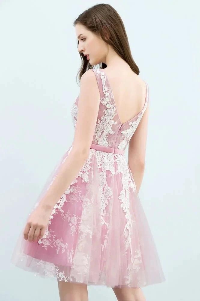 A-line Short Crew Sleeveless Lace Appliques Tulle Prom Dresses by misshow.com