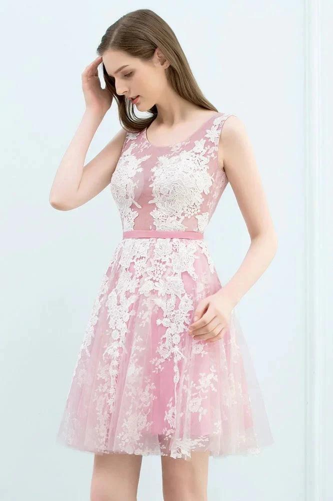 A-line Short Crew Sleeveless Lace Appliques Tulle Prom Dresses by misshow.com