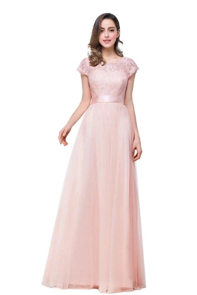 A-line Short Sleeve Chiffon Bridesmaid Dresses with Ribbon Bow Sash by misshow.com