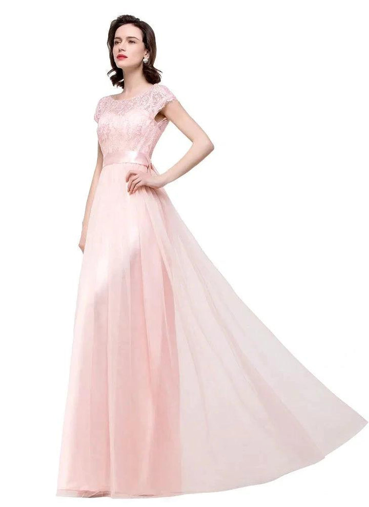A-line Short Sleeve Chiffon Bridesmaid Dresses with Ribbon Bow Sash by misshow.com