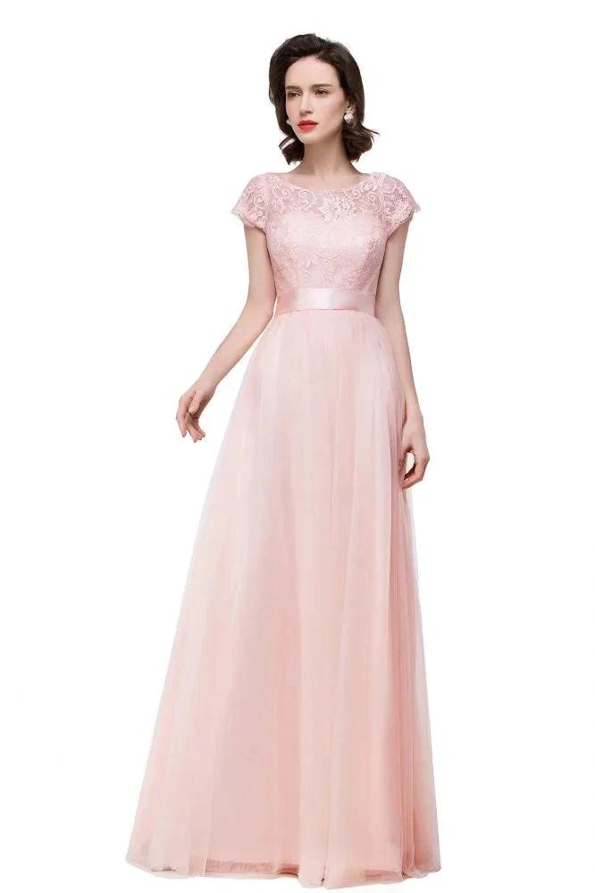 A-line Short Sleeve Chiffon Bridesmaid Dresses with Ribbon Bow Sash by misshow.com