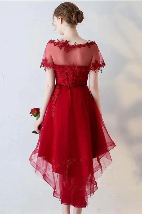 A-Line Short Sleeves Appliques Sweetheart Asymmetry Homecoming Dress PD141 by pgmdress