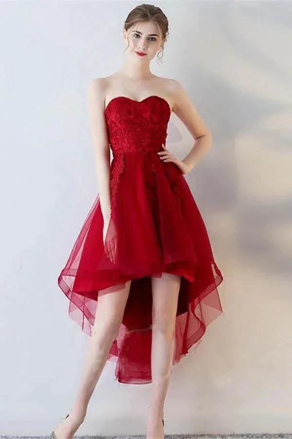 A-Line Short Sleeves Appliques Sweetheart Asymmetry Homecoming Dress PD141 by pgmdress