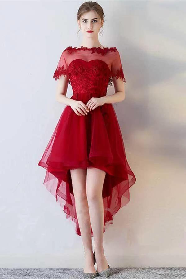 A-Line Short Sleeves Appliques Sweetheart Asymmetry Homecoming Dress PD141 by pgmdress