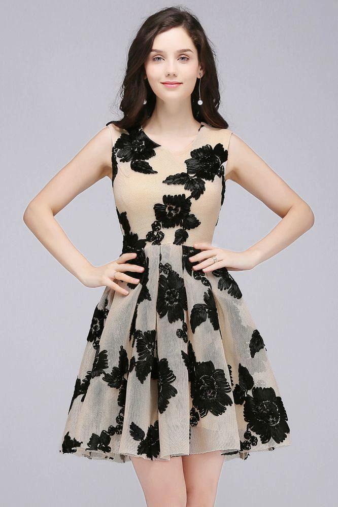 A-line Short Tulle Nude Chic Homecoming Dresses with Flowers by misshow.com