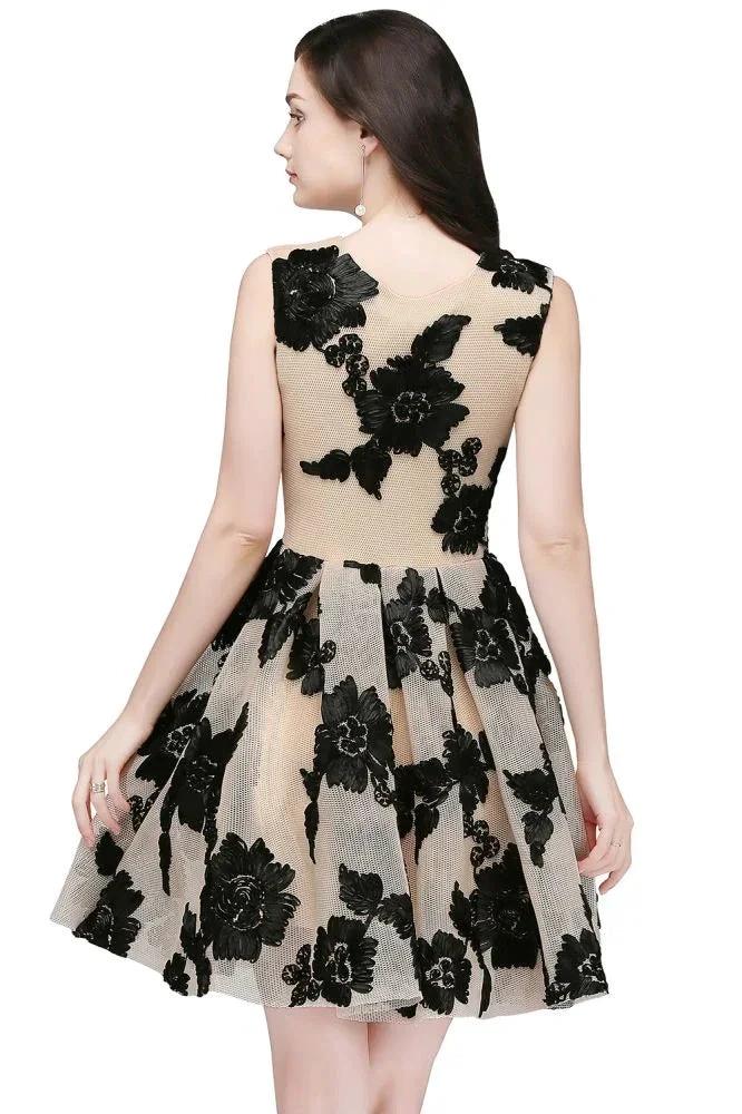 A-line Short Tulle Nude Chic Homecoming Dresses with Flowers by misshow.com