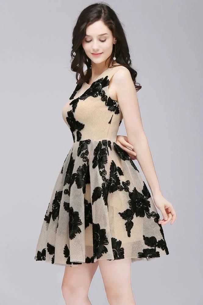 A-line Short Tulle Nude Chic Homecoming Dresses with Flowers by misshow.com