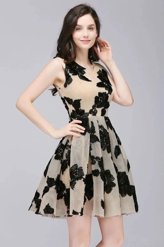 A-line Short Tulle Nude Chic Homecoming Dresses with Flowers by misshow.com