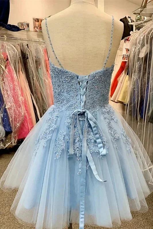 A-Line Sky Blue Tulle Applique Short Sleeveless Homecoming Dresses by misshow.com