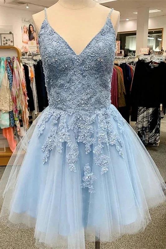A-Line Sky Blue Tulle Applique Short Sleeveless Homecoming Dresses by misshow.com