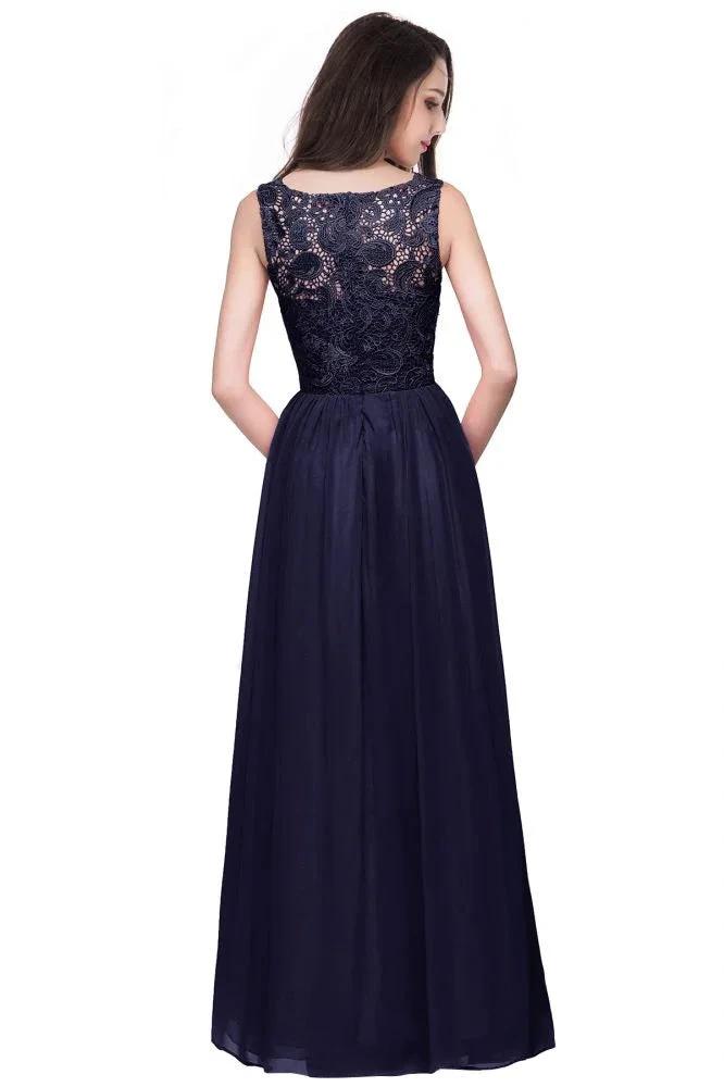 A-line Sleeveless Crew Floor-length Lace Top Chiffon Prom Dresses by misshow.com