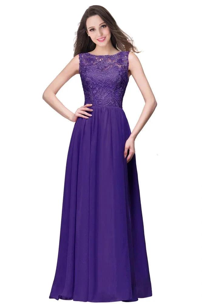 A-line Sleeveless Crew Floor-length Lace Top Chiffon Prom Dresses by misshow.com