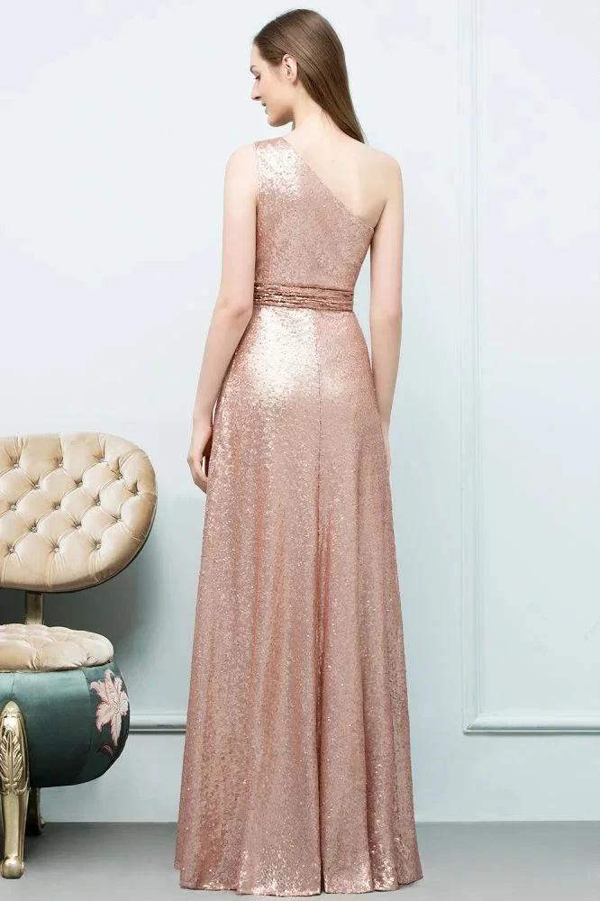 A-line Sleeveless Floor Length One-shoulder Sequins Prom Dresses by misshow.com