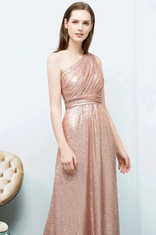 A-line Sleeveless Floor Length One-shoulder Sequins Prom Dresses by misshow.com