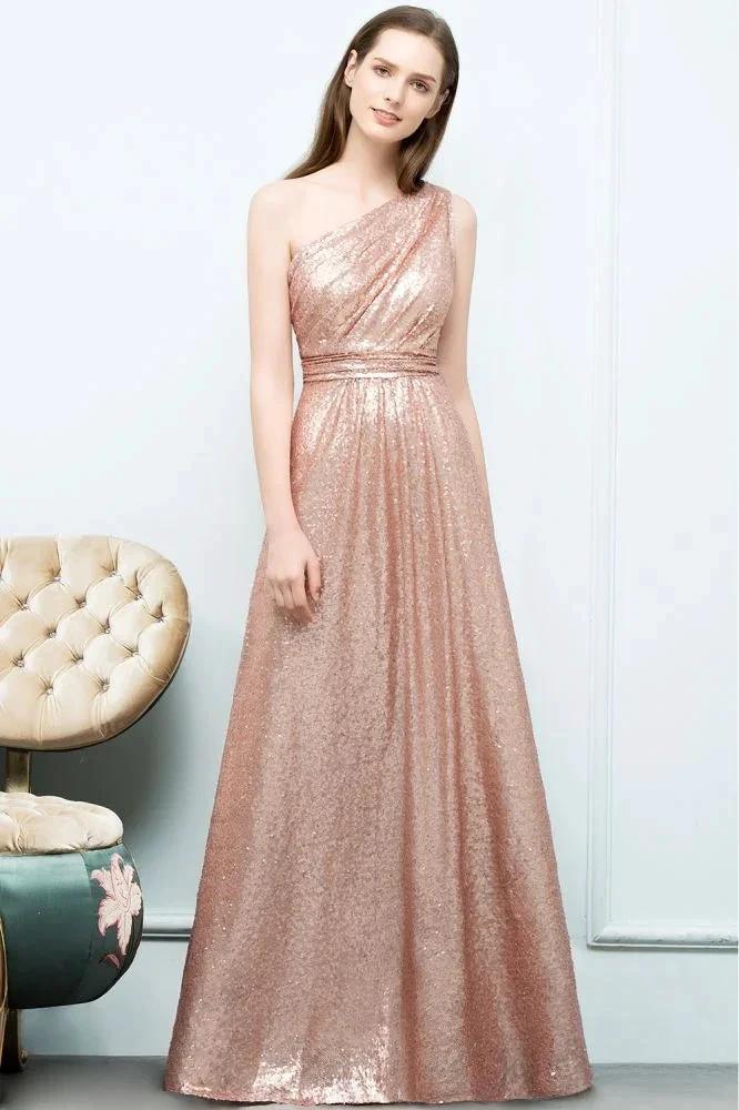 A-line Sleeveless Floor Length One-shoulder Sequins Prom Dresses by misshow.com