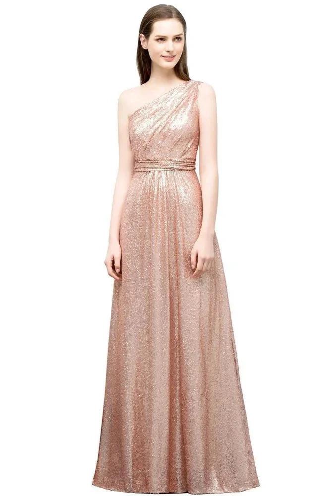 A-line Sleeveless Floor Length One-shoulder Sequins Prom Dresses by misshow.com