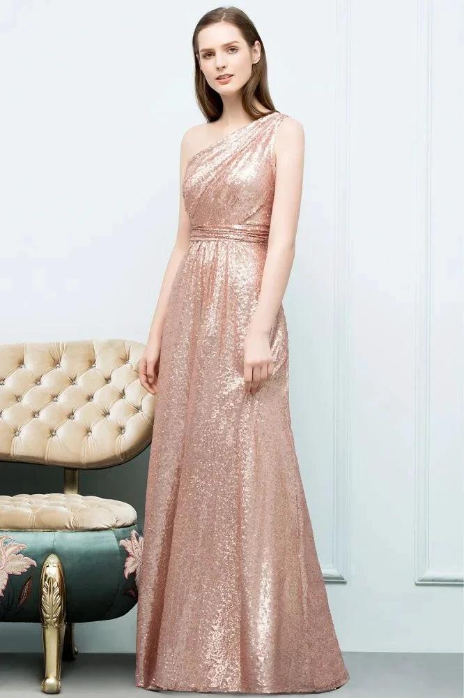 A-line Sleeveless Floor Length One-shoulder Sequins Prom Dresses by misshow.com
