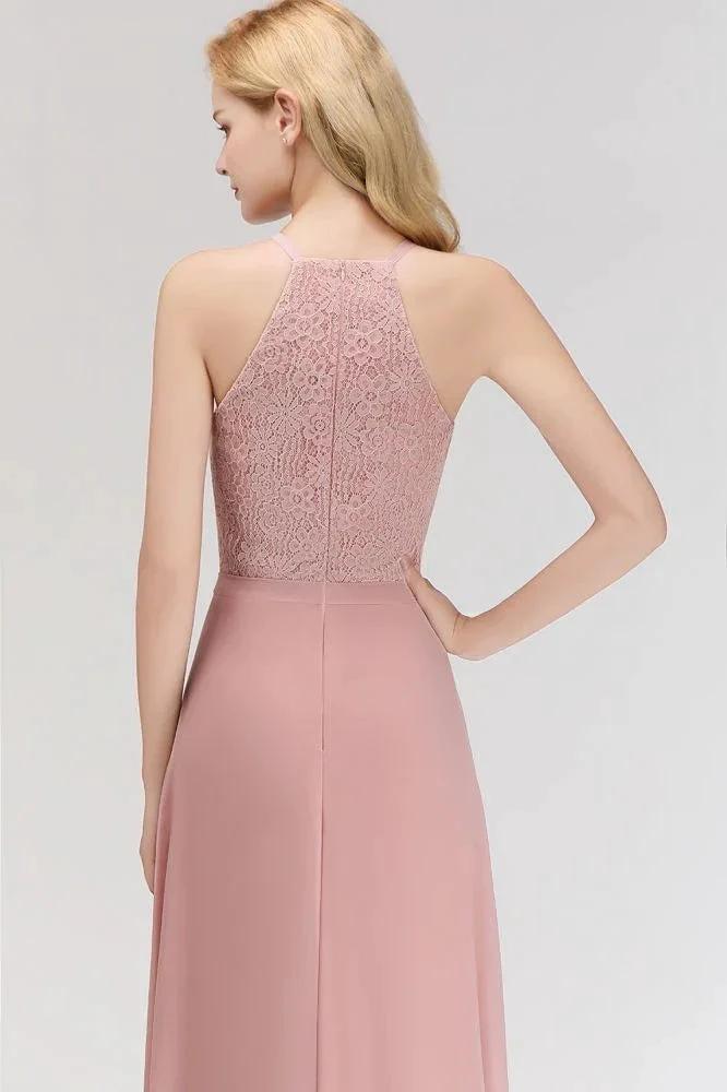 A-line Sleeveless Halter Long Lace Chiffon Bridesmaid Dress by misshow.com
