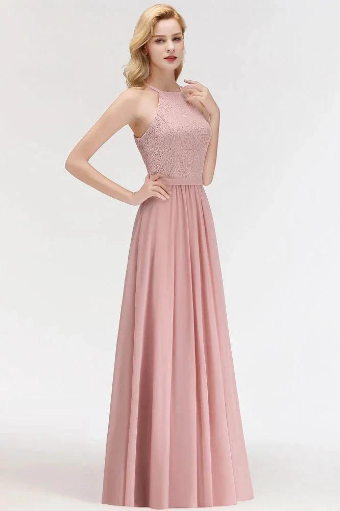 A-line Sleeveless Halter Long Lace Chiffon Bridesmaid Dress by misshow.com