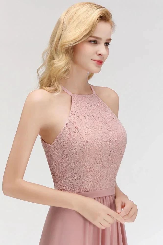 A-line Sleeveless Halter Long Lace Chiffon Bridesmaid Dress by misshow.com