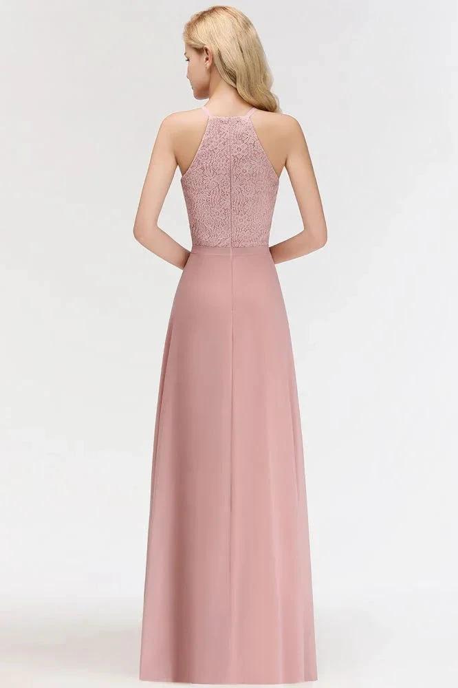 A-line Sleeveless Halter Long Lace Chiffon Bridesmaid Dress by misshow.com
