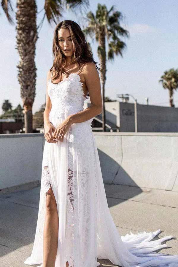A-line Spaghetti Strap White Lace Chiffon Beach Wedding Bridal Dresses WD290 by pgmdress