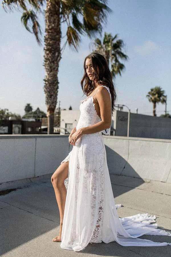 A-line Spaghetti Strap White Lace Chiffon Beach Wedding Bridal Dresses WD290 by pgmdress