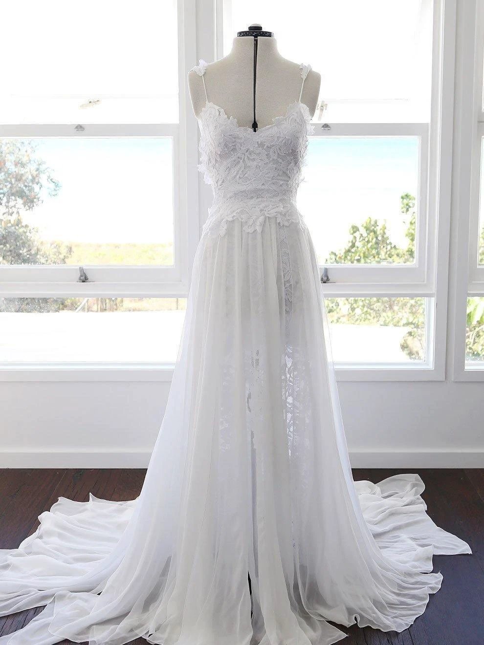 A-line Spaghetti Strap White Lace Chiffon Beach Wedding Bridal Dresses WD290 by pgmdress
