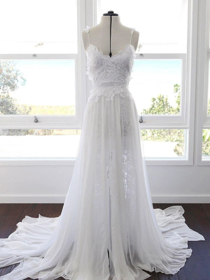 A-line Spaghetti Strap White Lace Chiffon Beach Wedding Bridal Dresses WD290 by pgmdress