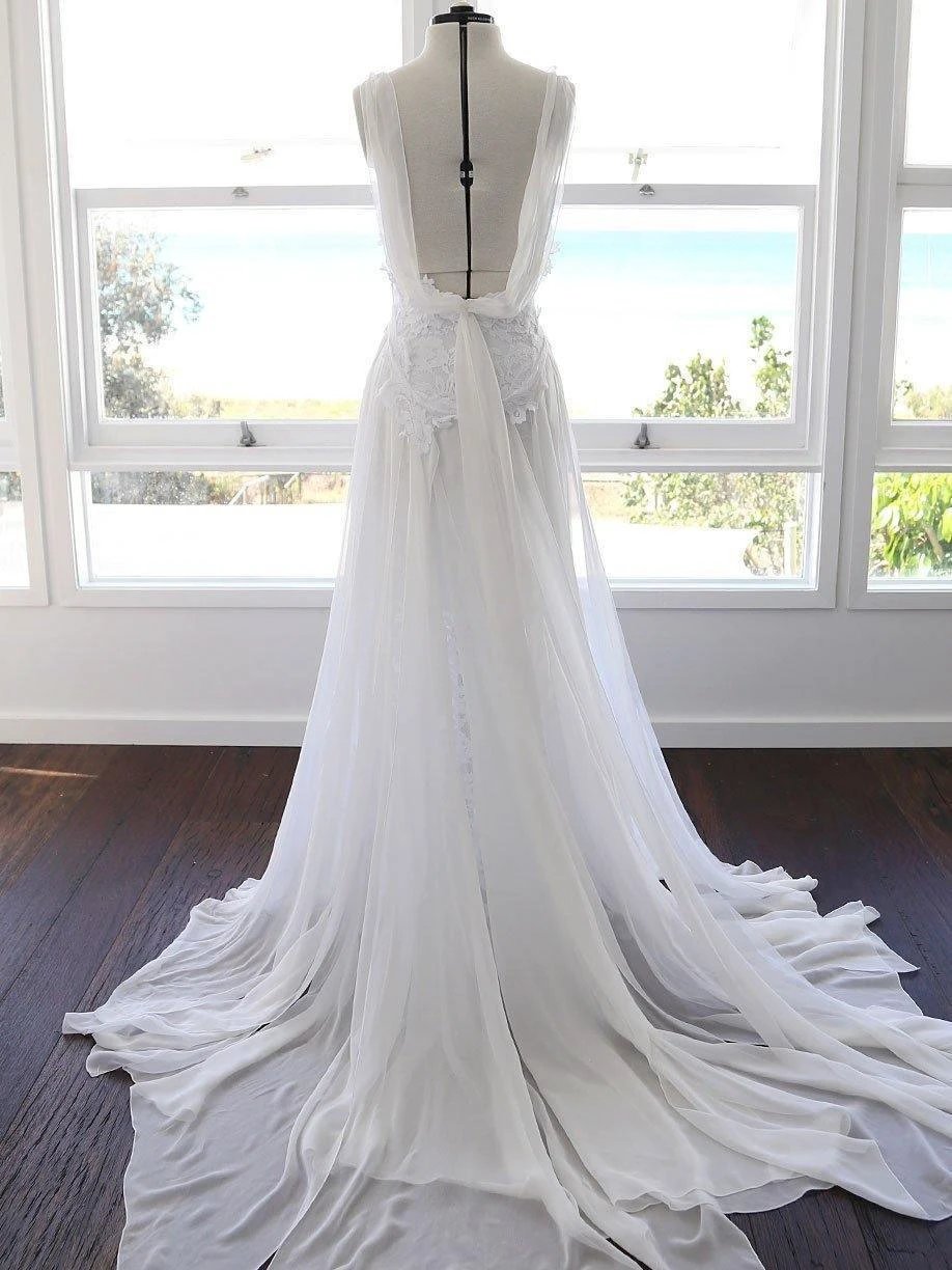 A-line Spaghetti Strap White Lace Chiffon Beach Wedding Bridal Dresses WD290 by pgmdress