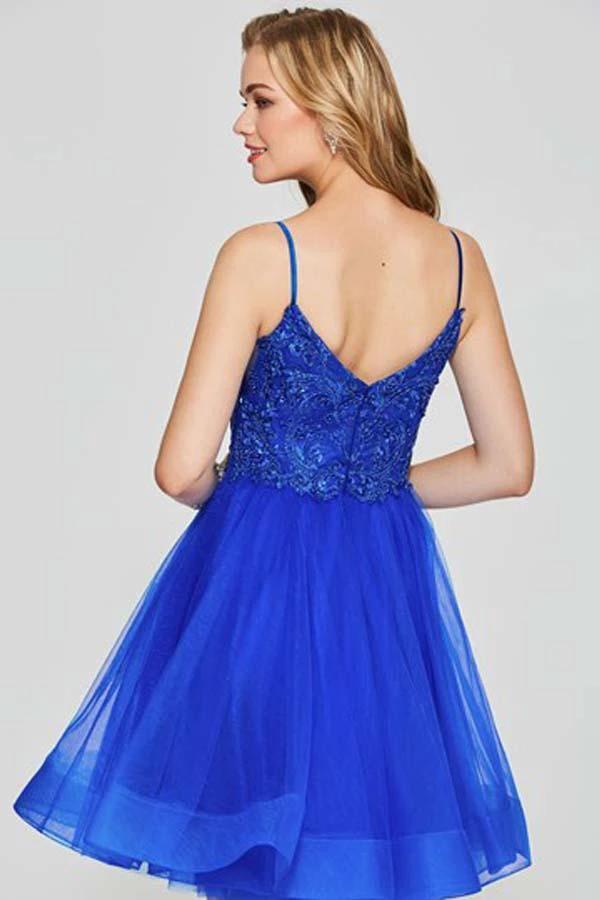 A-Line Spaghetti Straps Appliques Beading Tulle Short Homecoming Dress PD045 by pgmdress