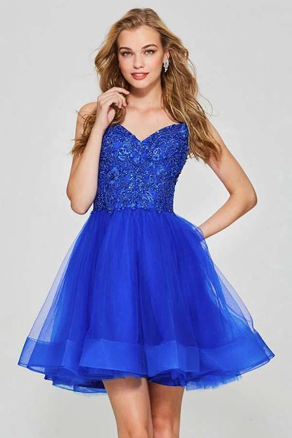 A-Line Spaghetti Straps Appliques Beading Tulle Short Homecoming Dress PD045 by pgmdress