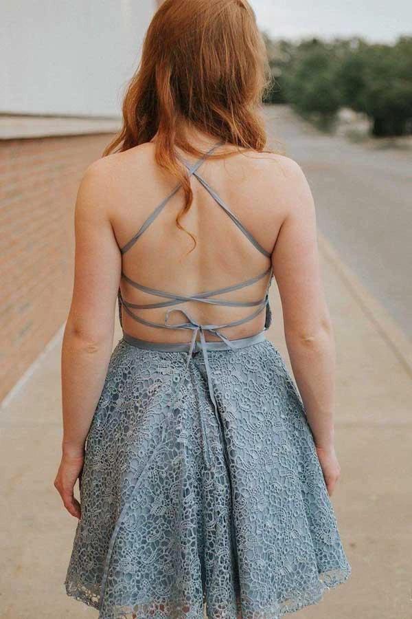 A-Line Spaghetti Straps Backless Above-Knee Blue Lace Homecoming Dress PD273 by pgmdress