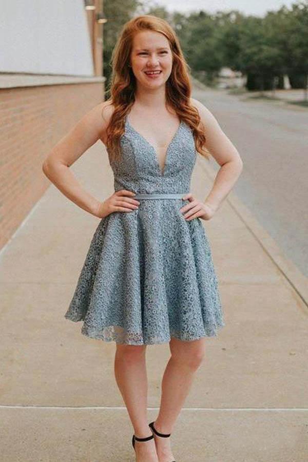 A-Line Spaghetti Straps Backless Above-Knee Blue Lace Homecoming Dress PD273 by pgmdress