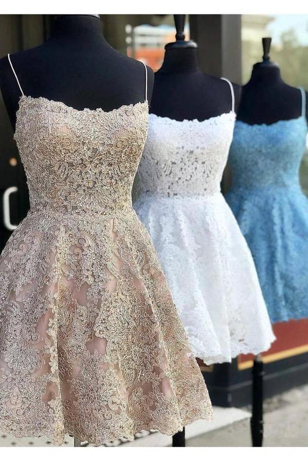 A Line Spaghetti Straps Cross Back Blue Lace Short Prom Dresses PD259 by pgmdress