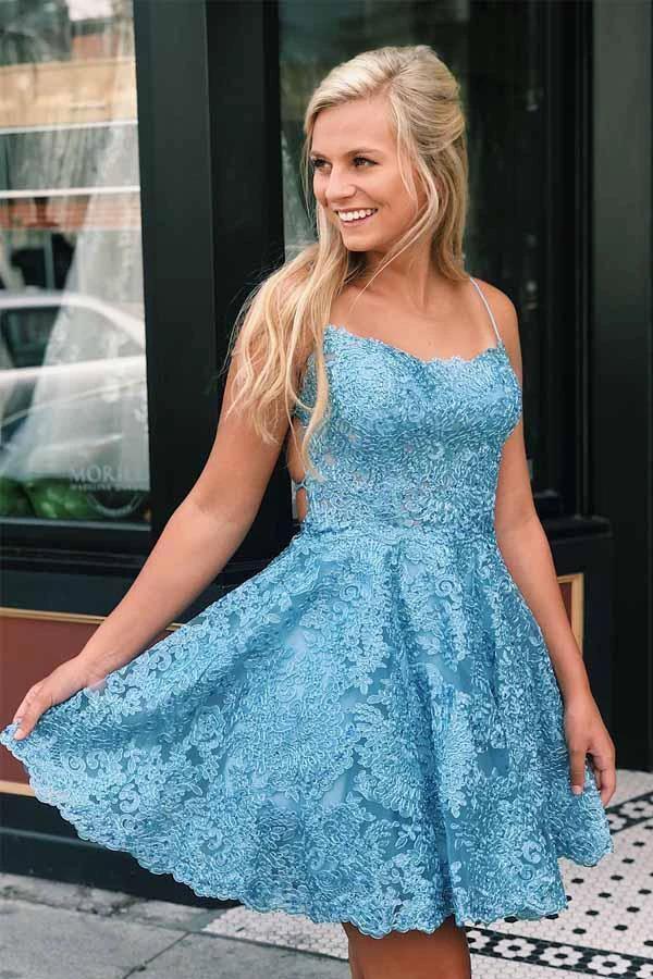 A Line Spaghetti Straps Cross Back Blue Lace Short Prom Dresses PD259 by pgmdress